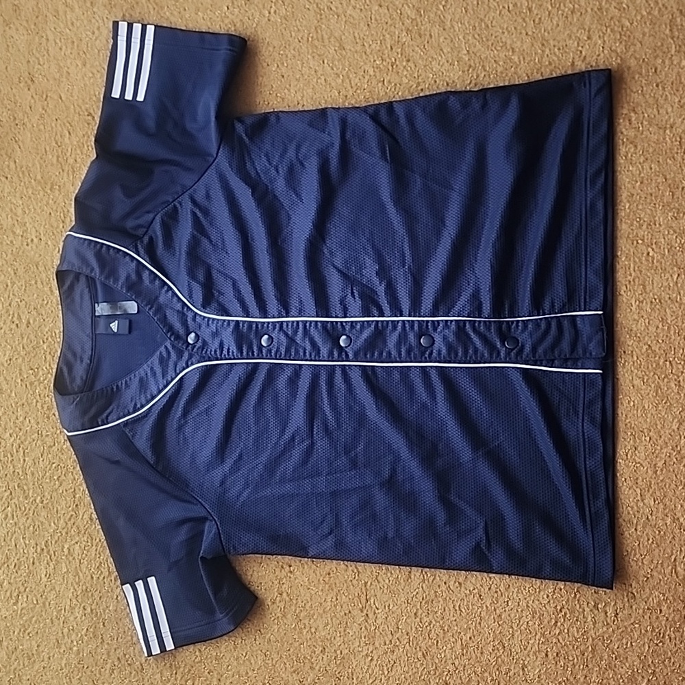 Adidas‎ Three Stripe Life Navy Blue Snap Front Short Sleeve Jersey Large